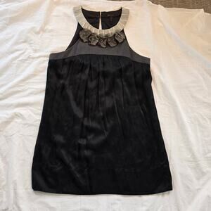 BCBG MAX AZRIA Black Silk Sleeveless Party Shift Dress Beaded Rosettes Sz 12
